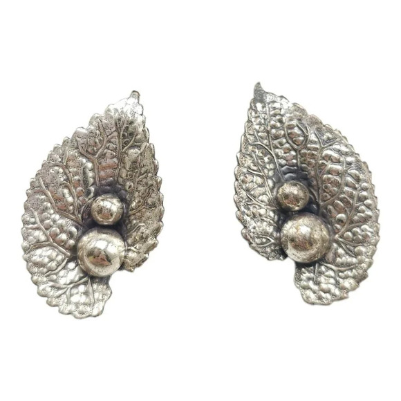 1950s Modernist Sterling Silver Screw Back Leaf Earrings Signed Beau Vintage - Picture 1 of 5